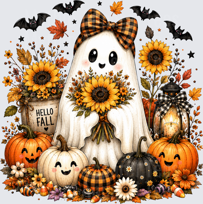 Cute Ghost Girl with Buffalo Plaid Bow Holding Sunflower Bouquet Hello Fall Halloween Pumpkins Bats Autumn Leaves Lantern