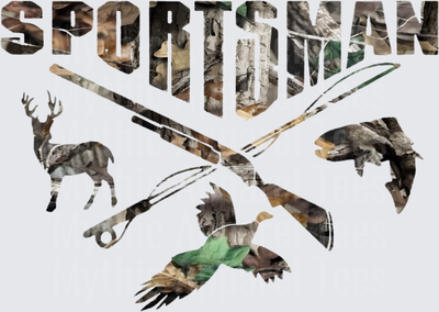 Sportsman Camo Deer Duck Fish Crossed Rifle Fishing Rod