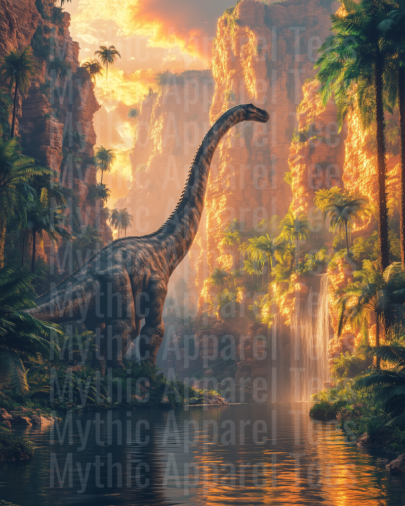 Majestic Brachiosaurus Sauropod Standing in Ancient Canyon Oasis with Waterfall Palm Trees and Golden Sunset Sky Prehistoric Jurassic Wilderness Scene