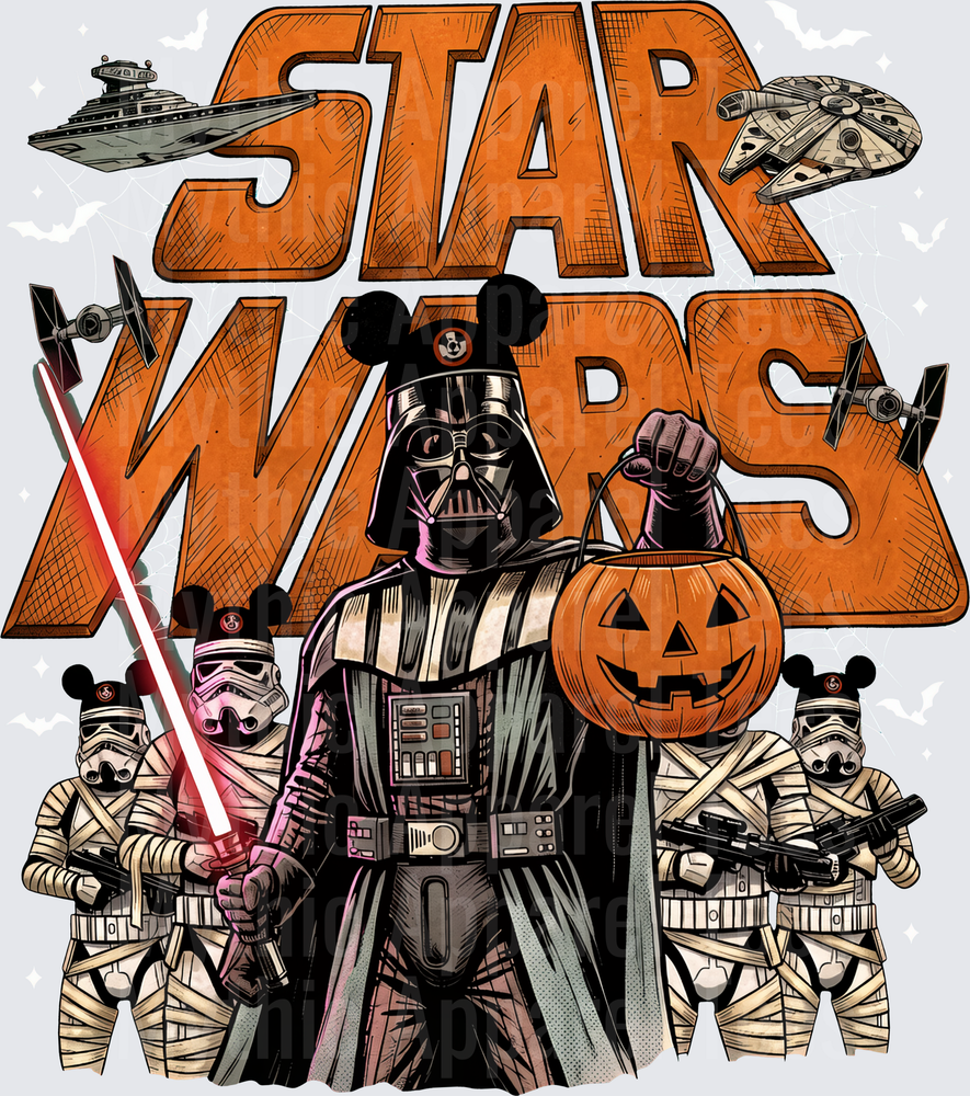 Star Wars Halloween Darth Vader With Mickey Ears Holding Jack-O-Lantern Bucket With Mummy Stormtroopers TIE Fighters Millennium Falcon Imperial Star Destroyer