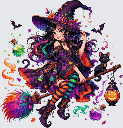 Halloween Anime Witch Girl Riding Broomstick with Black Cat