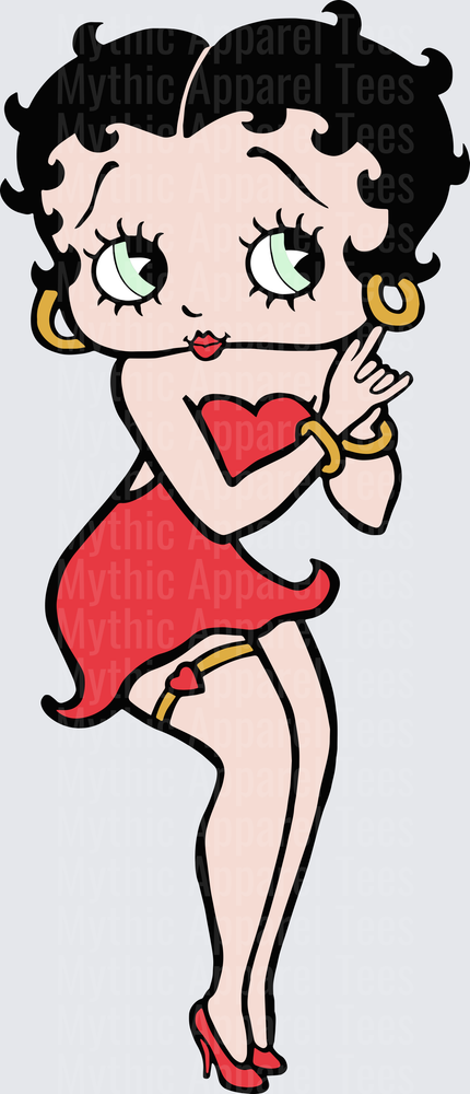 Classic Betty Boop in Red Heart Dress with Gold Hoop Earrings and Bracelet Flirty Pose