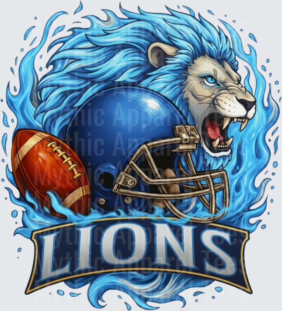 Roaring Lion Blue Flames Football Helmet Detroit Lions Mascot Design