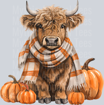 Cute Scottish Highland Cow Cozy Autumn Pumpkin Western Fall T-Shirt