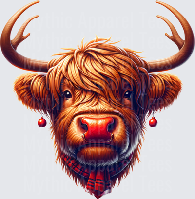 Highland Christmas Cow with Antlers Red Scarf and Ornaments