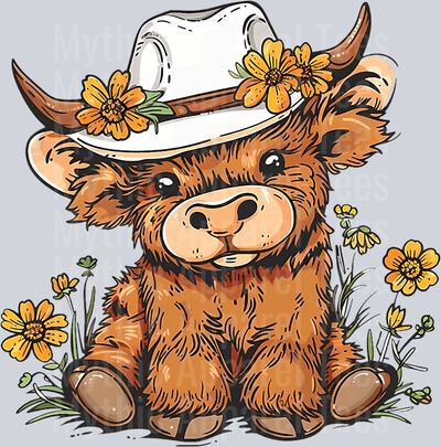 Western Highland Cow with cowboy hat and flowers DTF Highland Cow Transfers