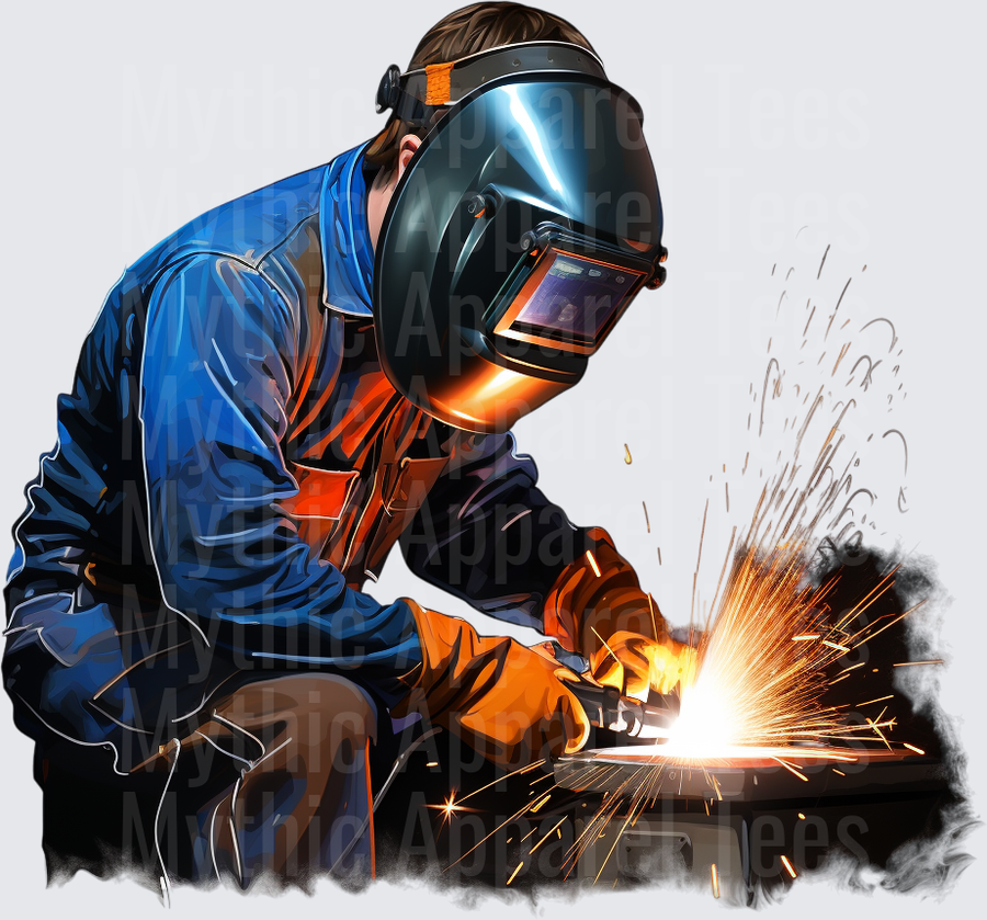 Welder in Blue Jacket and Auto-Darkening Helmet with Flying Sparks and Smoke Illustration