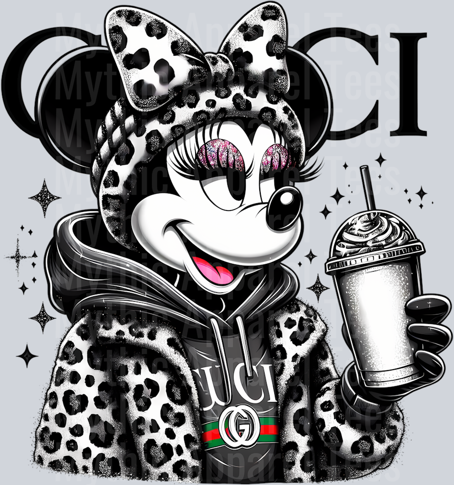 Classic Minnie with coffee Leopard Print Disney DTF Gucci Mickey Transfers