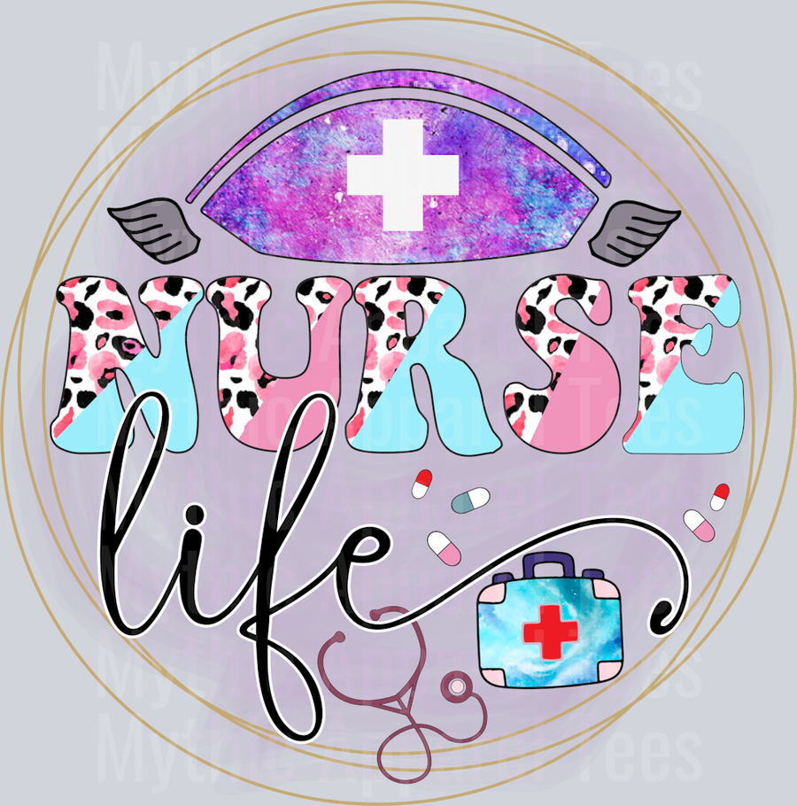Nurse Life pink circle pink and blue letters DTF Nurse Transfers