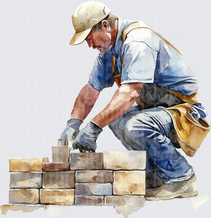 Watercolor Bricklayer Mason Laying Stone Wall Construction Worker With Tool Pouch And Cap