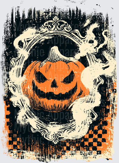 Distressed Halloween Sinister Jack-O-Lantern with Ornate Baroque Frame and Smoky Ghosts on Grunge Checkered Background