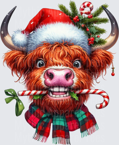 Highland Christmas Cow Santa Hat Candy Cane Plaid Scarf