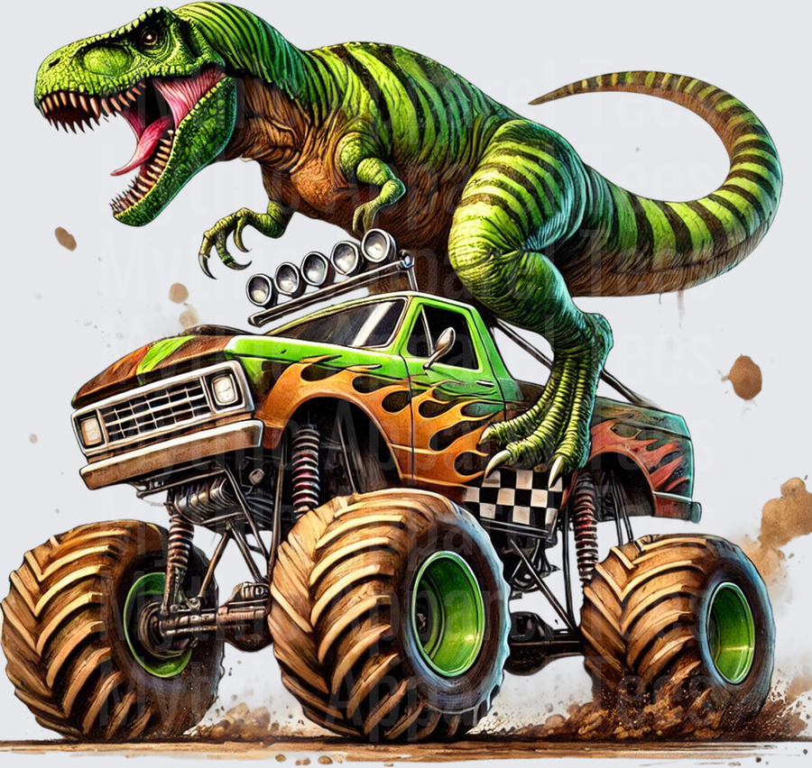 Roaring T-Rex Riding Flame Monster Truck Through Mud