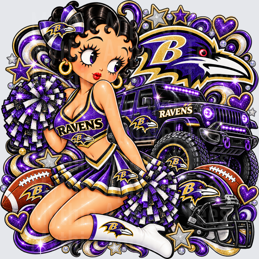 Betty Boop Baltimore Ravens Cheerleader with Glitter Pom Poms Monster Jeep Helmet and Football Fan Collage