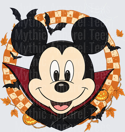 Mickey Mouse Vampire Halloween Checkered Orange Wreath with Bats Jack-o-Lanterns and Fall Leaves