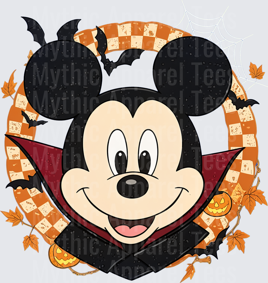 Mickey Mouse Vampire Halloween Checkered Orange Wreath with Bats Jack-o-Lanterns and Fall Leaves