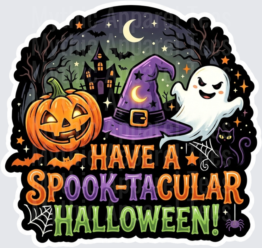 Have A Spook-Tacular Halloween Jack-O-Lantern Ghost Witch Hat Haunted House Black Cat Crescent Moon Night Scene