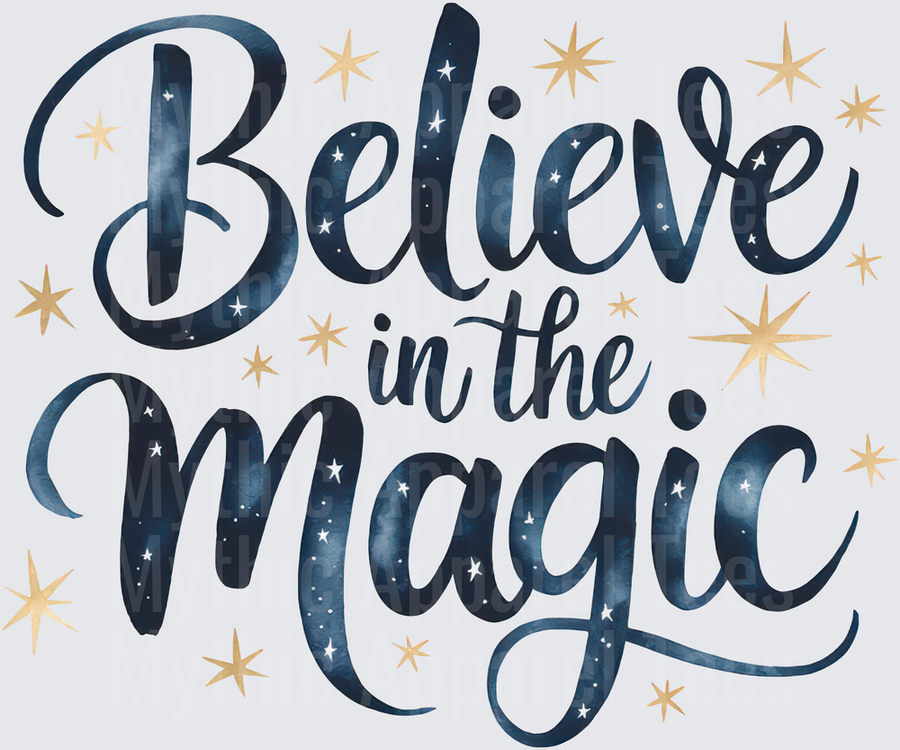Believe in the Magic Navy Watercolor Galaxy Script with Gold Stars Christmas Quote