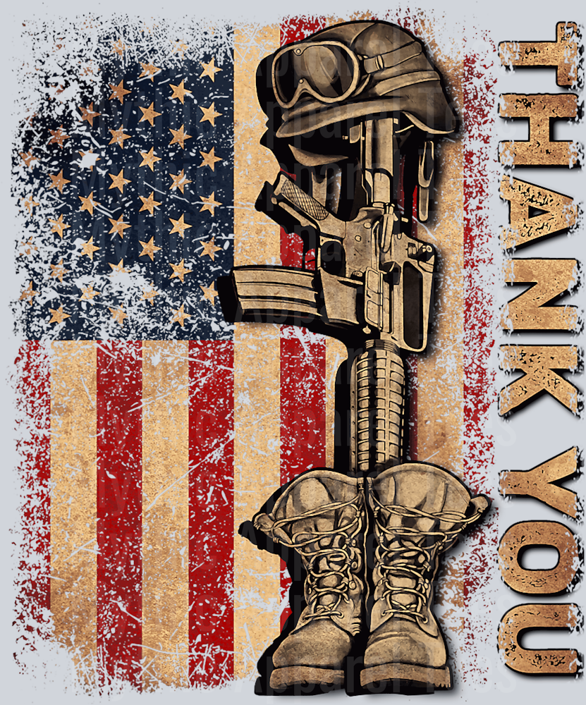 Thank you Boots Helmet and Rifel Tattered American Flag DTF Memorial Day Transfers