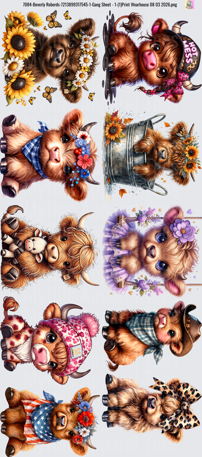 Gang Sheet FULL SIZE DESIGNS Adorable Highland Cow Collection with Sunflowers and Bandanas