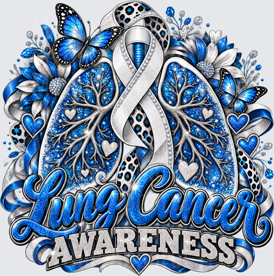 Lung Cancer Awareness Blue Glitter Lungs White Ribbon Rhinestone Butterflies Floral Leopard Print Hearts Design