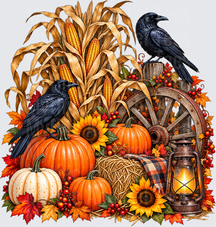 Fall Two Black Crows Perched on Pumpkins with Dried Corn Stalks Sunflowers Wagon Wheel and Glowing Lantern Autumn Harvest Scene