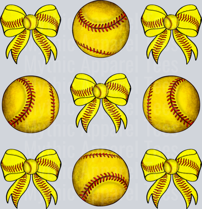 Softball yellow ball and bows repeating cute DTF Sports Transfers