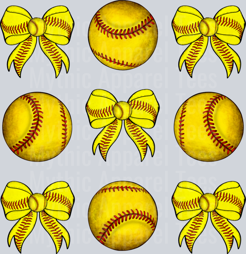 Softball yellow ball and bows repeating cute DTF Sports Transfers