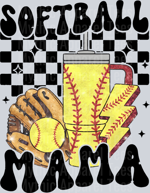 softball mama checkers stanley glove and ball DTF Softball Transfers