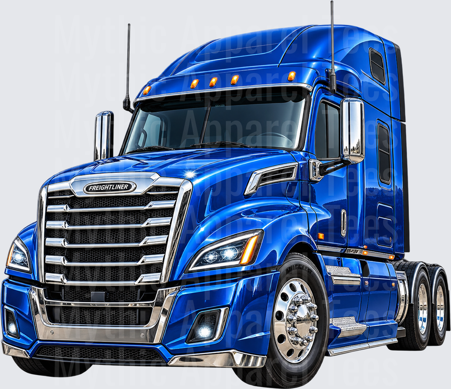 Metallic Blue Freightliner Cascadia Semi Truck with Chrome Grille and Amber Marker Lights