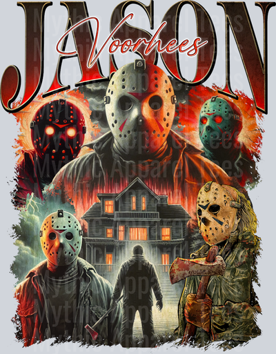 Jason Voorhees Black Gradient words in multiple movie scenes Halloween DTF Horror Movie Transfers