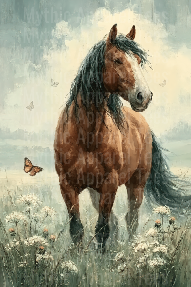 Majestic Bay Horse with Dark Flowing Mane Standing in Wildflower Meadow with Butterflies Oil Painting Style