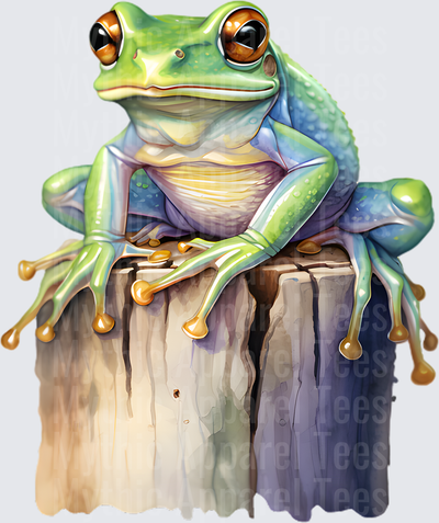 Watercolor Green Tree Frog Resting on Wooden Stump with Golden Toe Pads