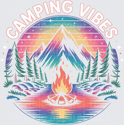 Camping Vibes Retro Rainbow Mountain Campfire Pine Trees Scenic Outdoor Nature Badge