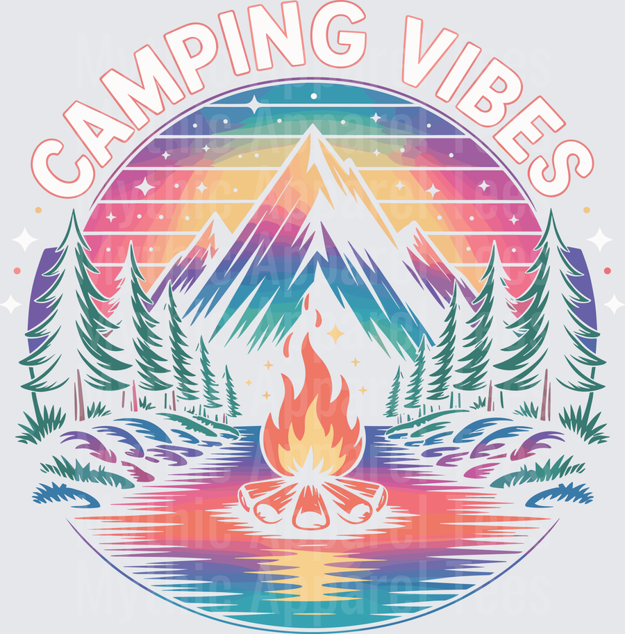 Camping Vibes Retro Rainbow Mountain Campfire Pine Trees Scenic Outdoor Nature Badge