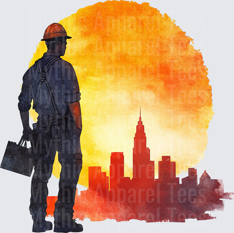 Construction Worker Hard Hat Toolbox City Skyline Sunset Watercolor Silhouette
