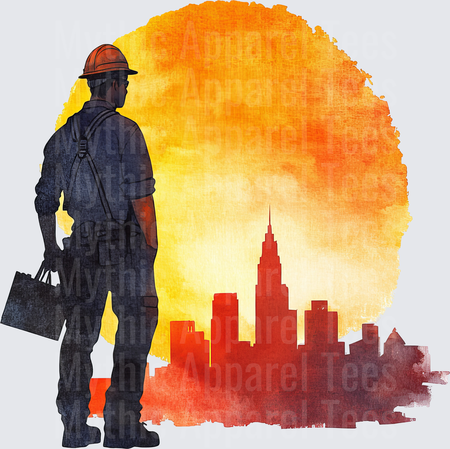 Construction Worker Hard Hat Toolbox City Skyline Sunset Watercolor Silhouette