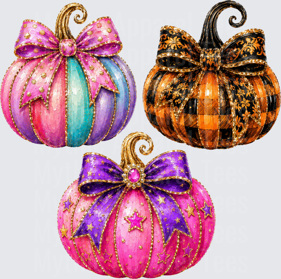 Halloween Glam Bow Pumpkin Trio with Colorful Stripes Stars and Gold Accents