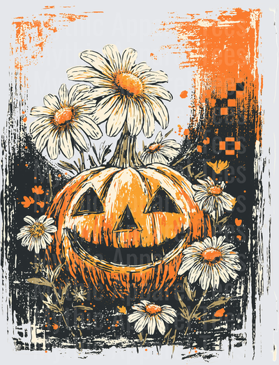 Distressed Halloween Jack-O-Lantern Surrounded by Wild Daisies Grunge Orange and Black