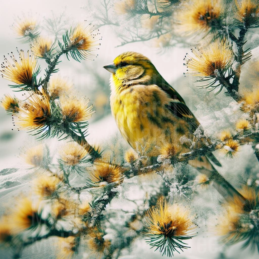 Eurasian Siskin Perched on Snow-Dusted Pine Branch with Golden Thistle Blooms Winter Nature Double Exposure