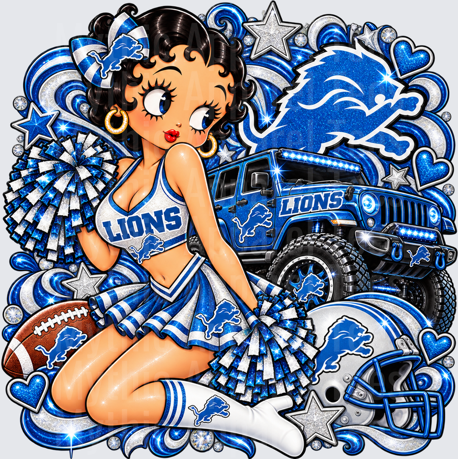 Betty Boop Detroit Lions Cheerleader with Jeep Helmet and Pom Poms Glitter Fan Design