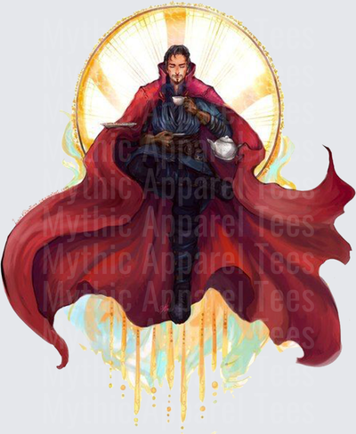 Marvel Super Heroes Doctor Strange Levitating with Tea Set Golden Halo Watercolor Art