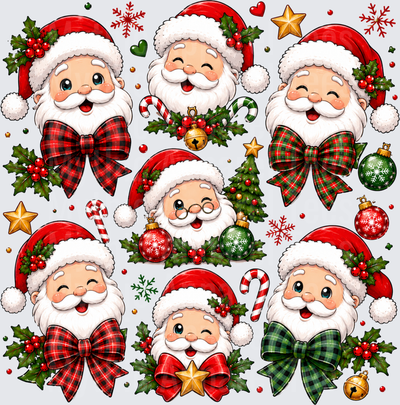 Cute Santa Claus Face Collection with Plaid Bows Holly Berries and Christmas Ornaments