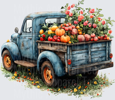 Farm Life and Farm Animals Rustic Blue Vintage Truck Loaded with Fall Harvest Pumpkins and Wildflowers