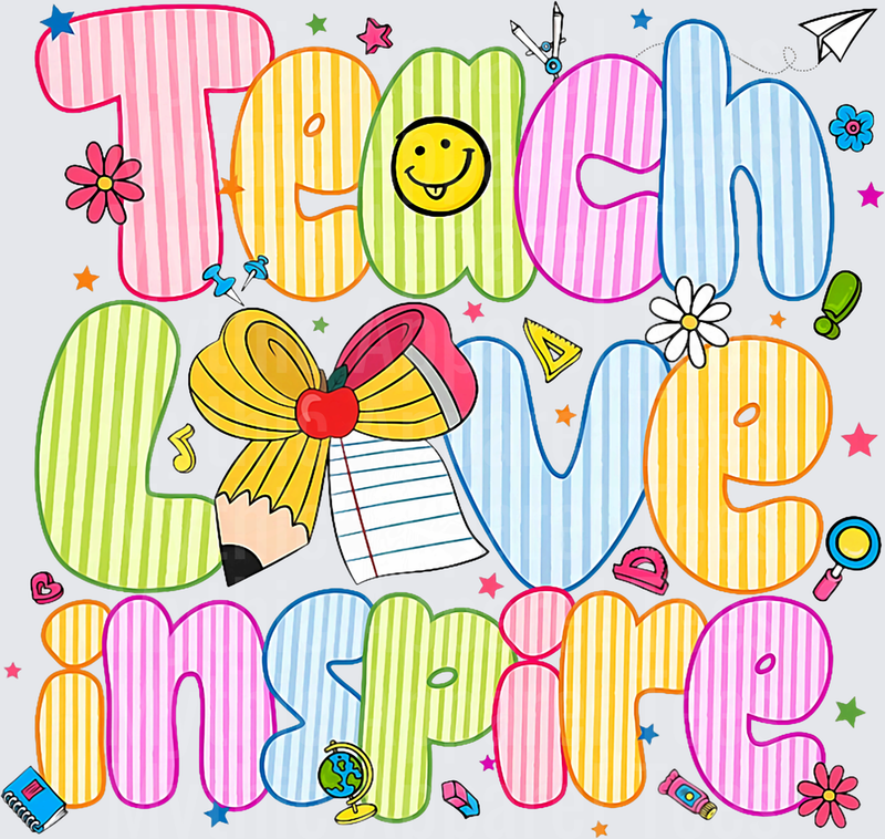 Teach Love Inspire Colorful Striped Bubble Letters Teacher School Supplies Doodle Design with Apple Pencil Smiley Face Stars and Flowers