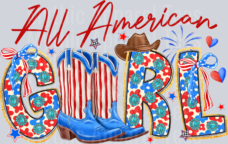 All american Girl Cowgirl Boots Red White and Blue Patriotic DTF 4th of July Transfers
