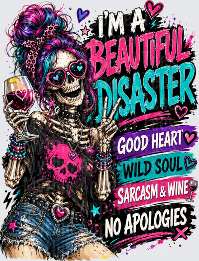 Sarcastic Skull Beautiful Disaster Skeleton Wine Good Heart Wild Soul No Apologies