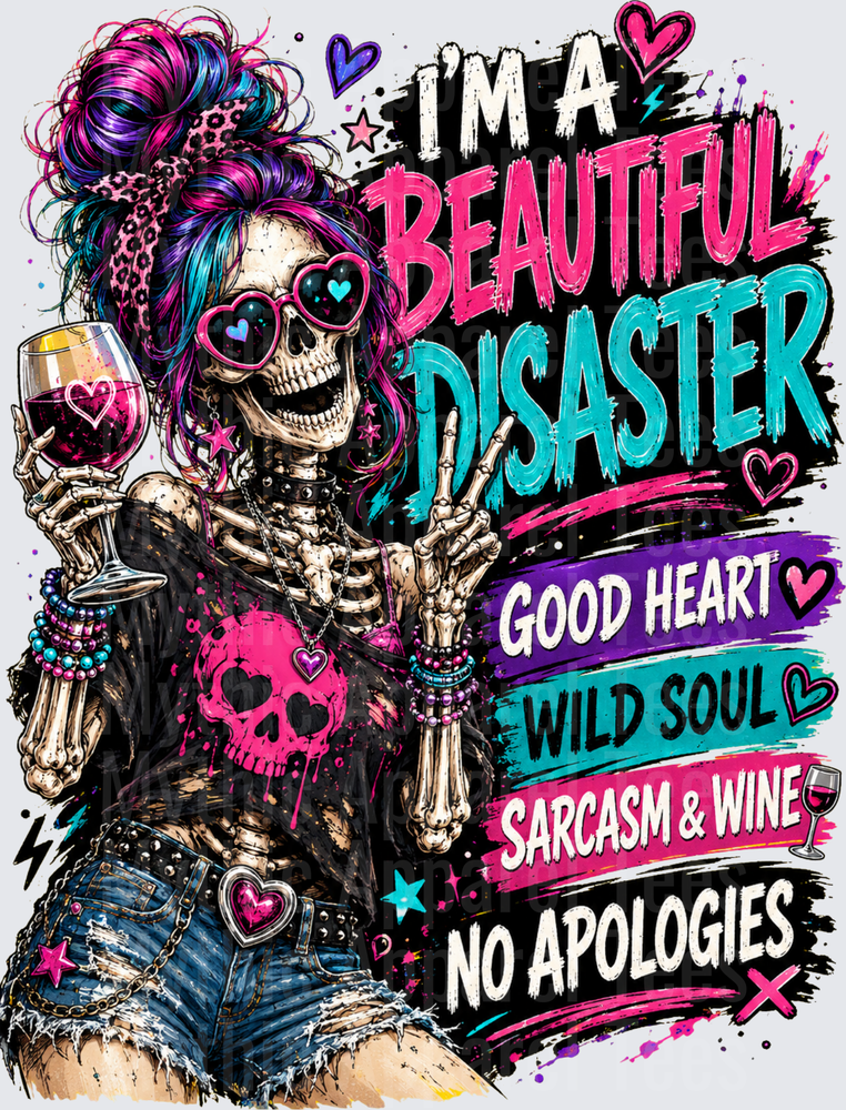 Sarcastic Skull Beautiful Disaster Skeleton Wine Good Heart Wild Soul No Apologies