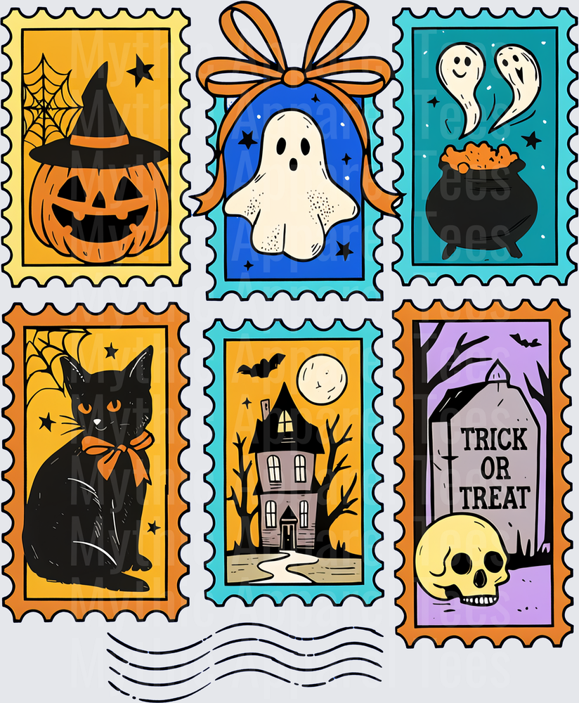 Retro Halloween Postage Stamp Collection Jack-O-Lantern Witch Hat Ghost Black Cat Haunted House Trick Or Treat Graveyard Skull Cauldron