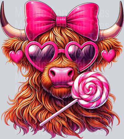 Valentines Day Highland cow with pink bow and lollipop DTF Highland Cow Transfers